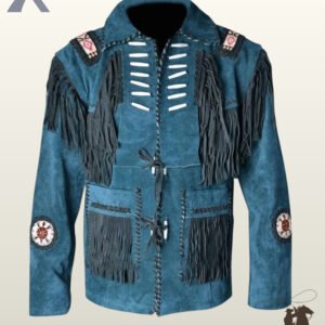Front view of a men's western blue suede jacket featuring long fringe, bone pipe bead accents, front tie closures, and beaded arm patches.