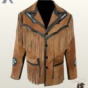 Front view of a men's tan suede western coat featuring long chest fringe, dark leather whipstitched trim, button closure, and fringed patch pockets.