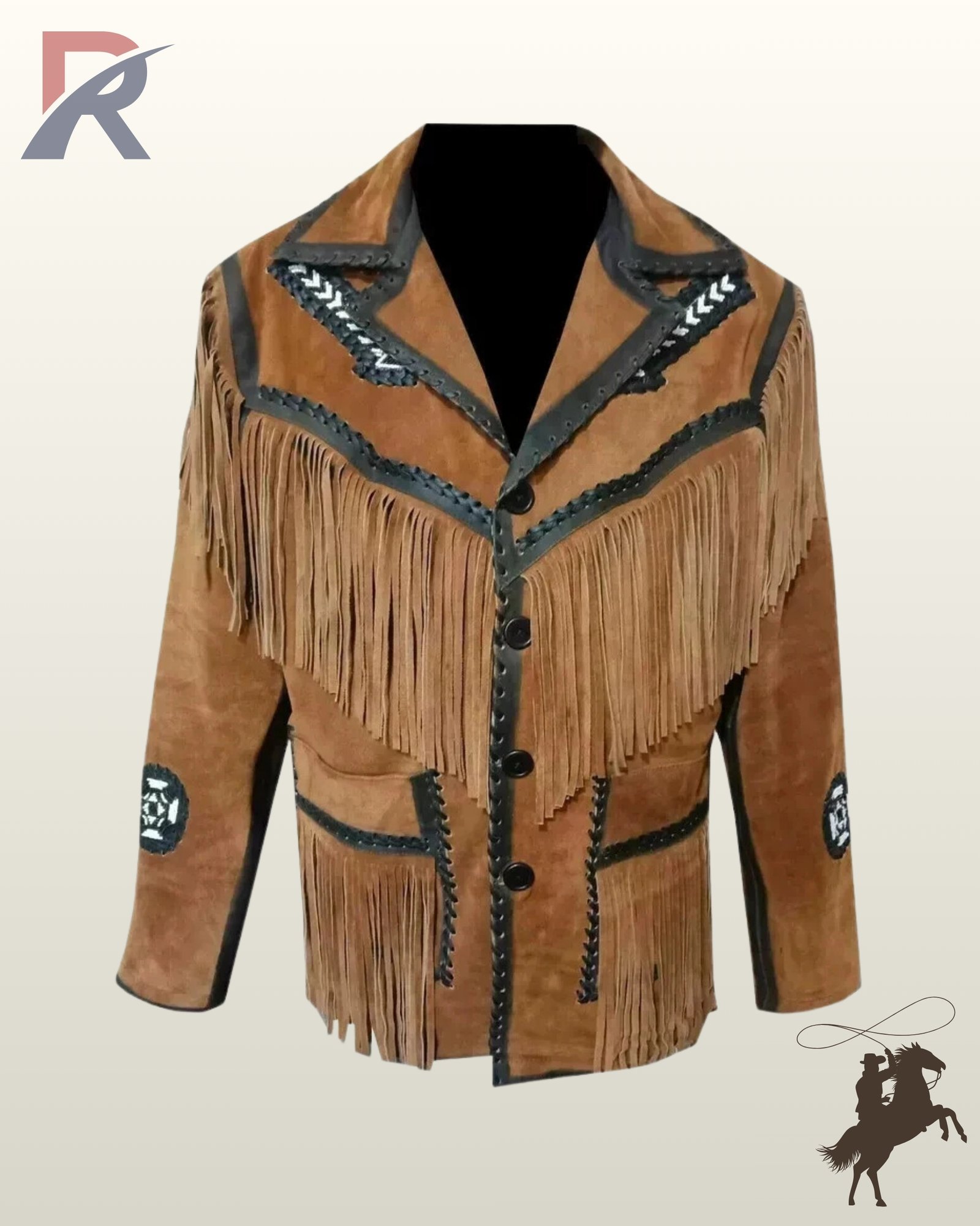 Front view of a men's tan suede western coat featuring long chest fringe, dark leather whipstitched trim, button closure, and fringed patch pockets.