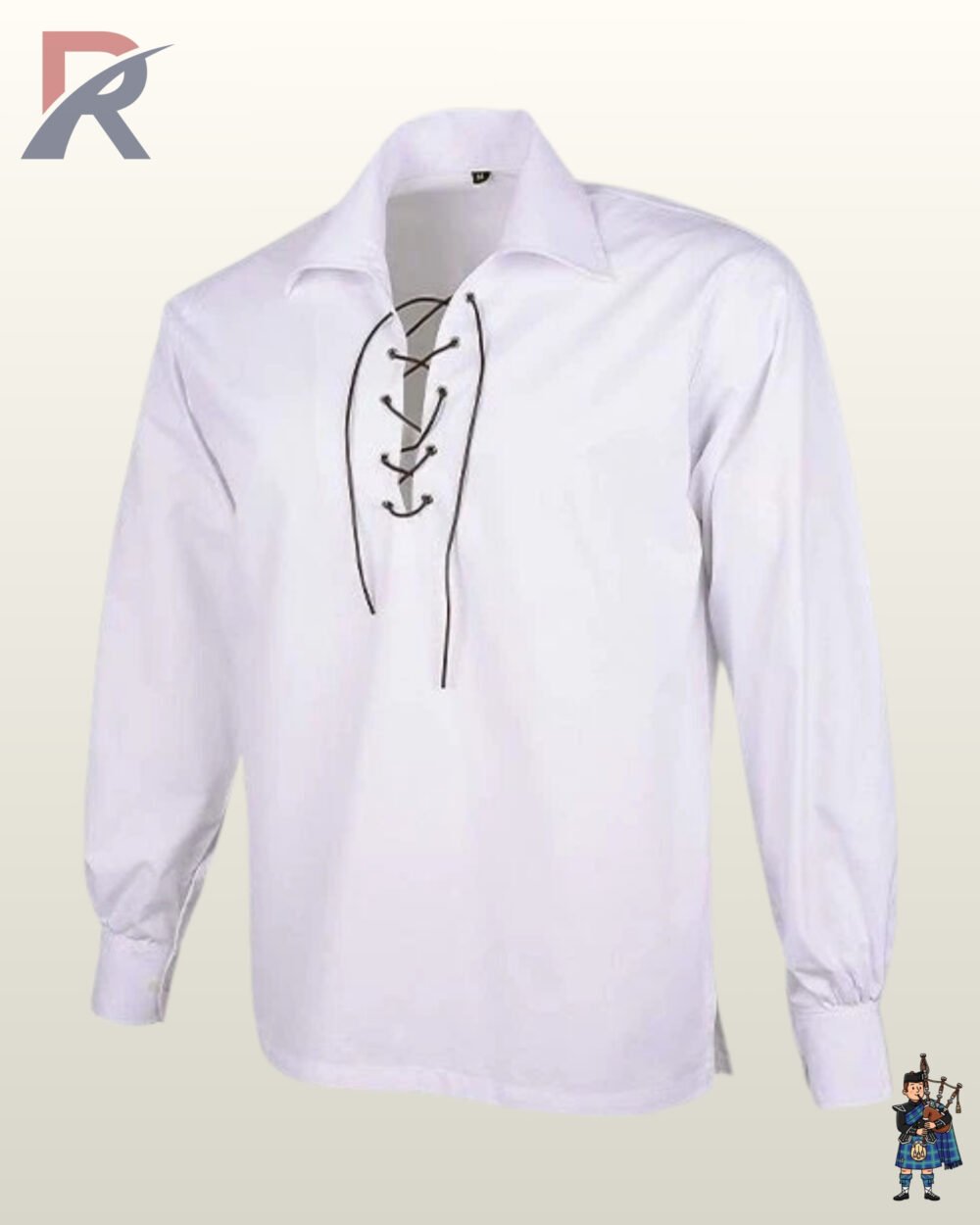 Front view of a men's white cotton Jacobite ghillie shirt featuring leather lace-up chest closure and grommets.