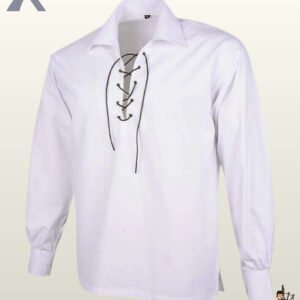 Front view of a men's white cotton Jacobite ghillie shirt featuring leather lace-up chest closure and grommets.