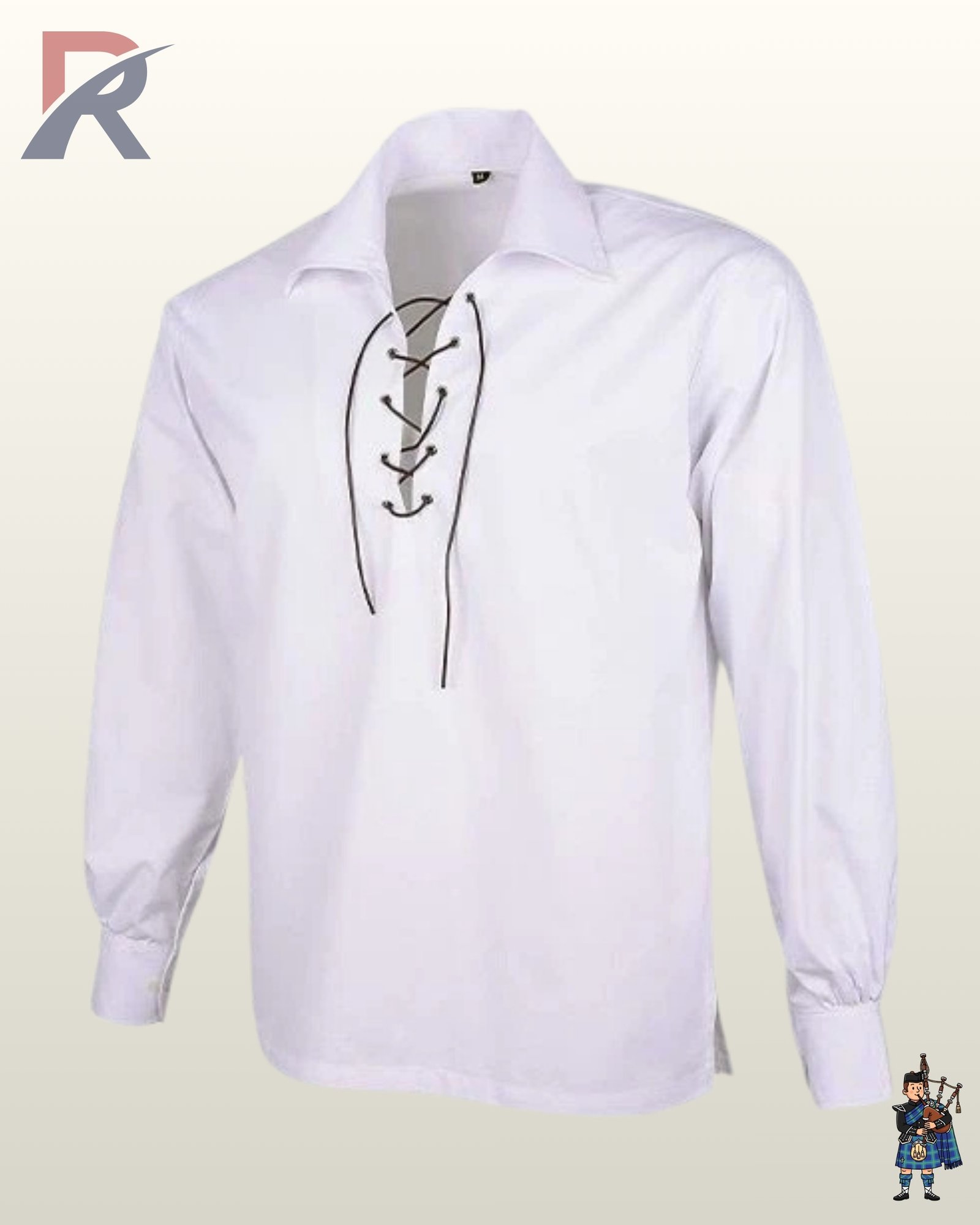 Front view of a men's white cotton Jacobite ghillie shirt featuring leather lace-up chest closure and grommets.