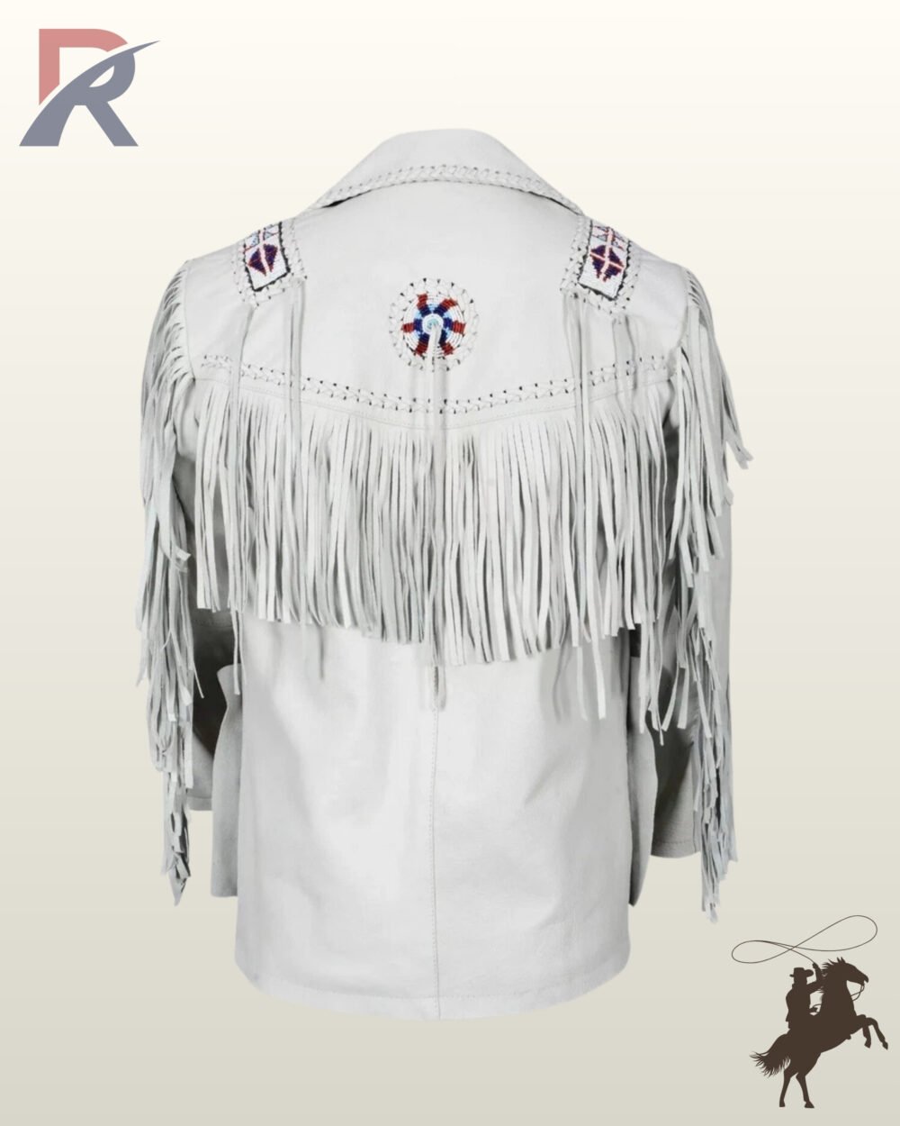 Back profile of a traditional Native American style white leather jacket featuring shoulder fringe, whipstitched seams, and beaded native patterns.