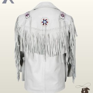 Back profile of a traditional Native American style white leather jacket featuring shoulder fringe, whipstitched seams, and beaded native patterns.