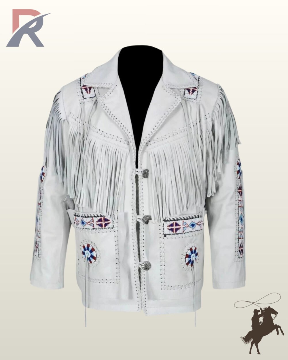 Front view of a men's off-white leather western jacket featuring heavy chest fringe, silver concho buttons, whipstitched seams, and beaded pockets.