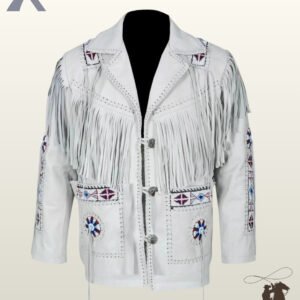 Front view of a men's off-white leather western jacket featuring heavy chest fringe, silver concho buttons, whipstitched seams, and beaded pockets.
