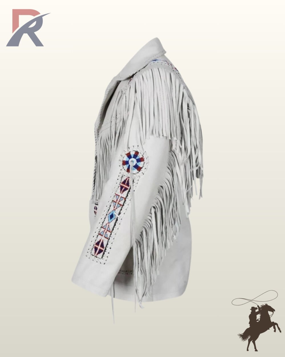 Detailed side view of a white leather Native American style fringed jacket featuring colorful beaded sleeve strips and whipstitched collar edges.