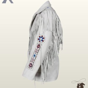 Detailed side view of a white leather Native American style fringed jacket featuring colorful beaded sleeve strips and whipstitched collar edges.
