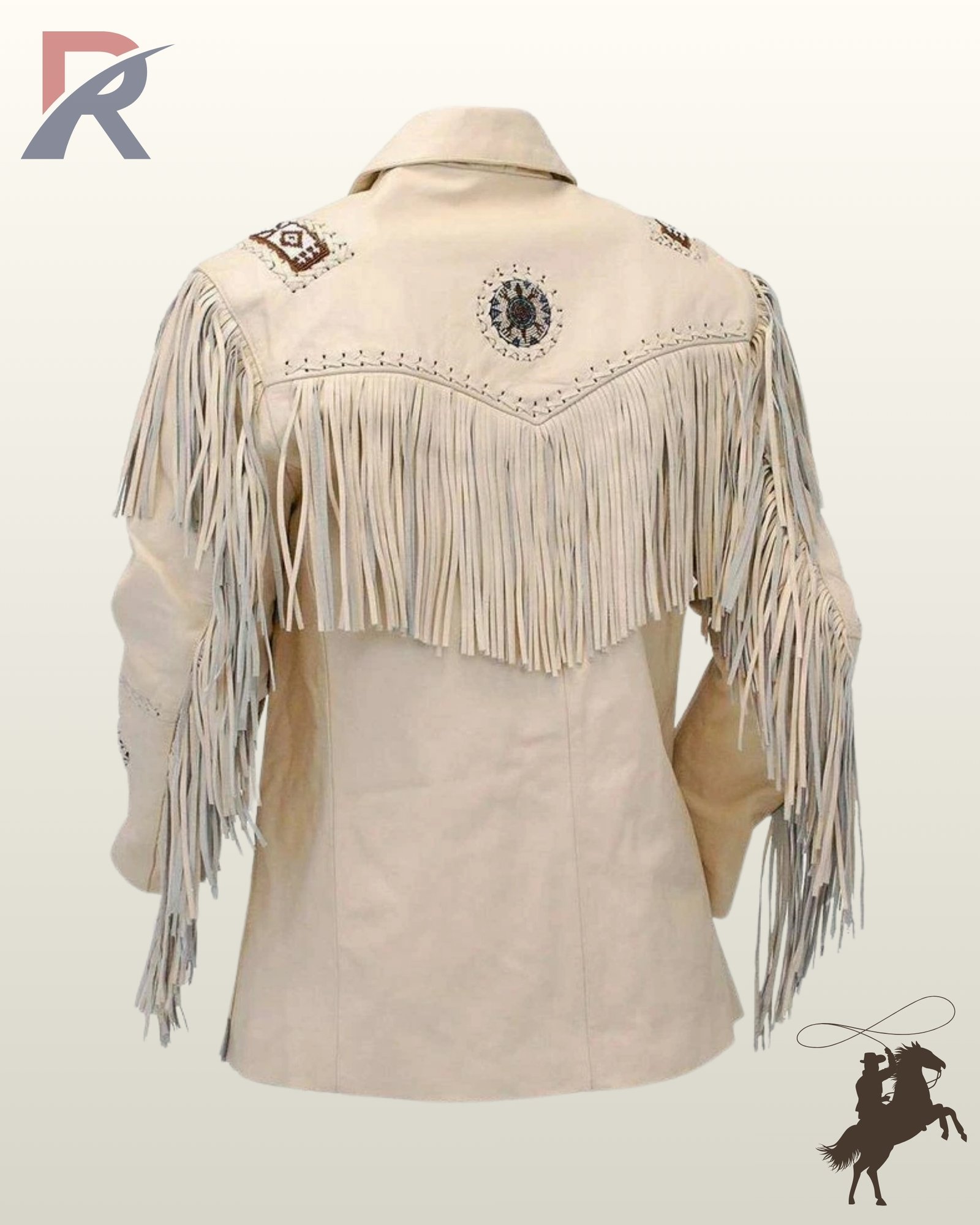 Rear view of a men's off-white leather western jacket showing a V-shaped fringed back yoke, long sleeve tassels, and a central beaded medallion.