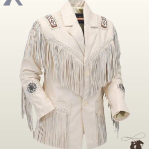 Front three-quarter view of a men's off-white leather western jacket featuring native beaded shoulder patches, long chest fringe, and whipstitched pockets.