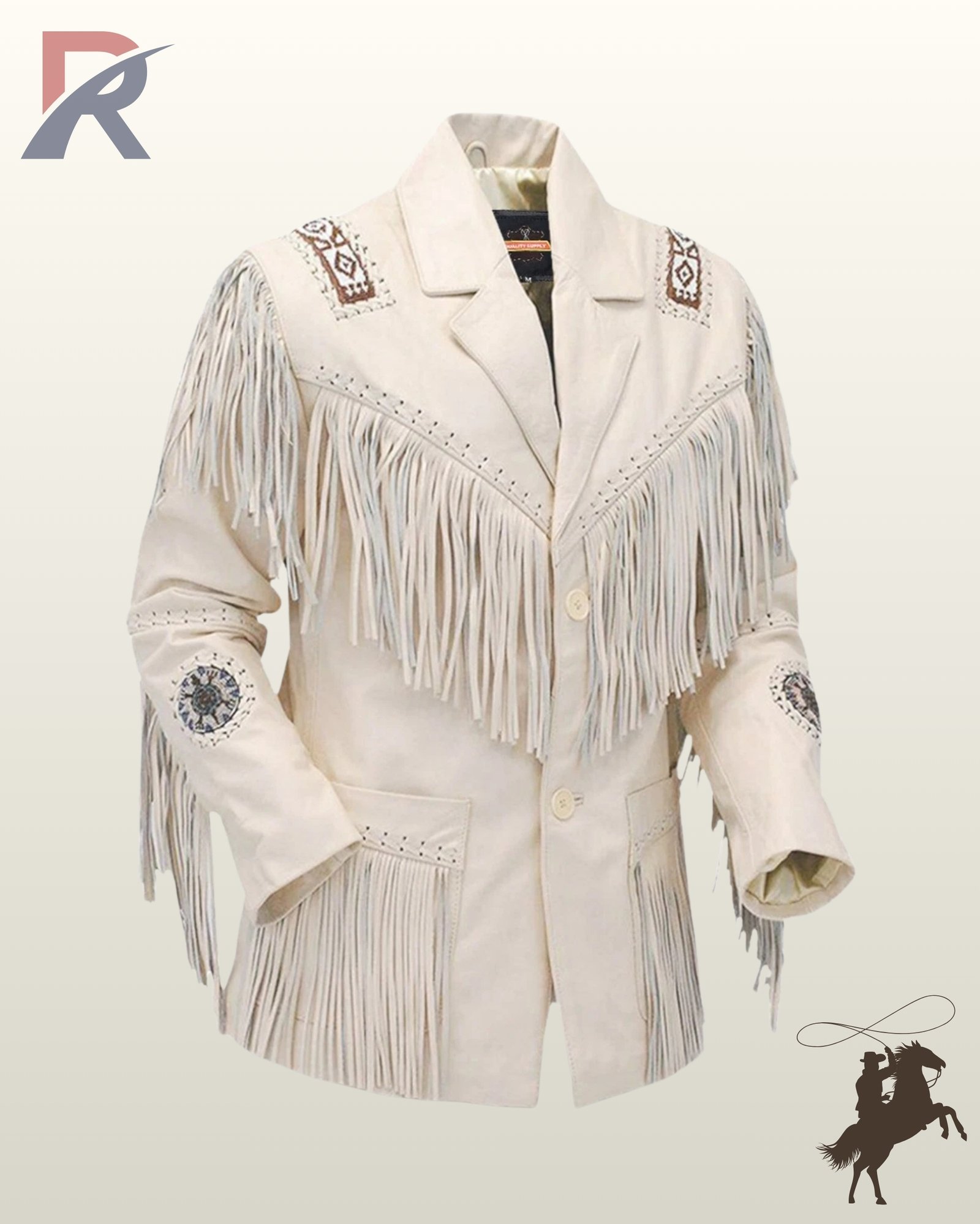 Front three-quarter view of a men's off-white leather western jacket featuring native beaded shoulder patches, long chest fringe, and whipstitched pockets.