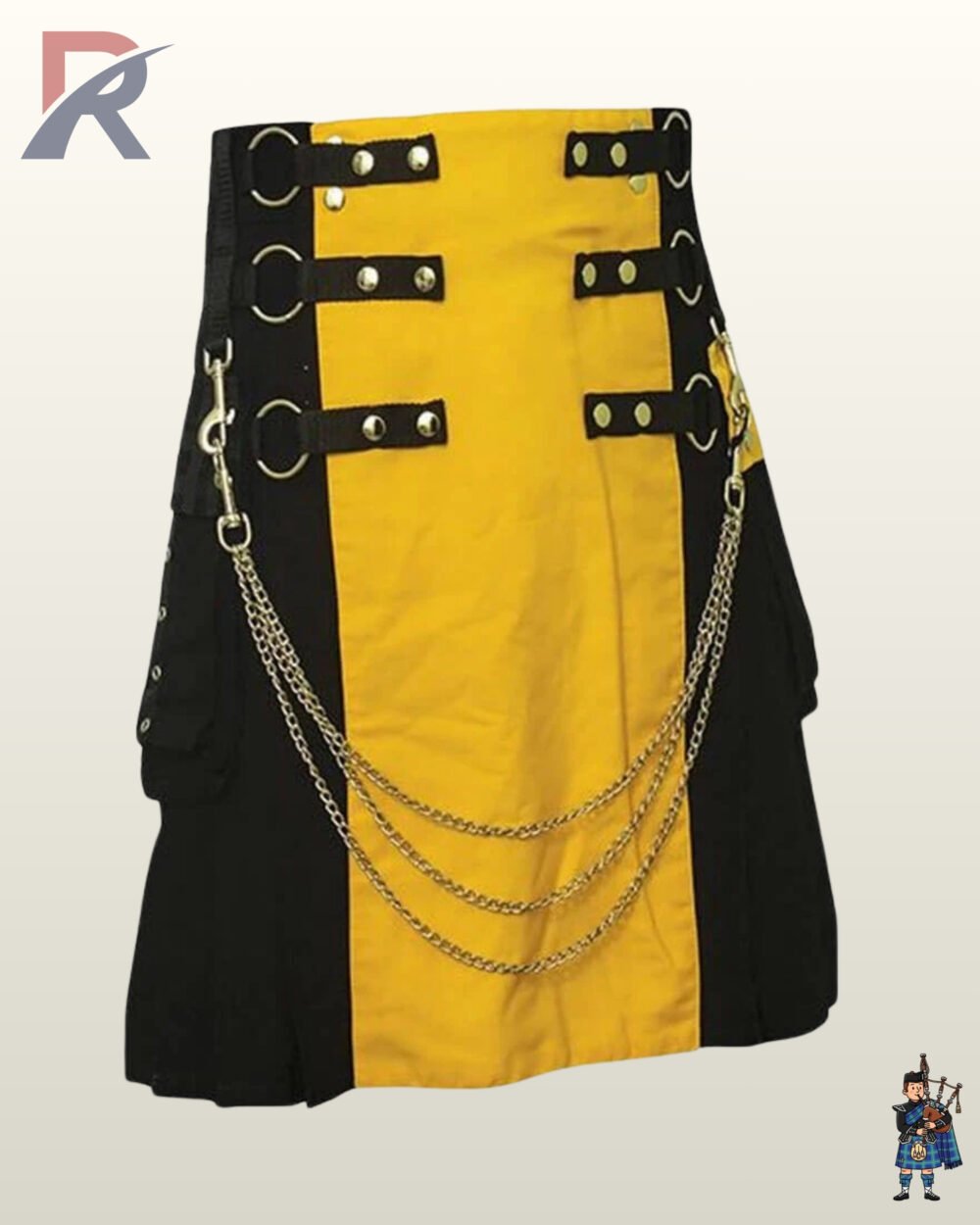 Front view of a men's yellow and black gothic utility kilt featuring three draped silver chains and side cargo pockets.