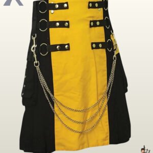 Front view of a men's yellow and black gothic utility kilt featuring three draped silver chains and side cargo pockets.