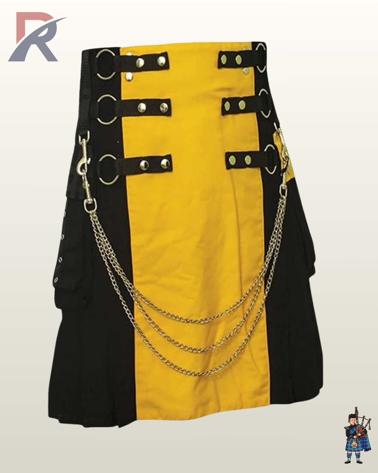 Front view of a men's yellow and black gothic utility kilt featuring three draped silver chains and side cargo pockets.