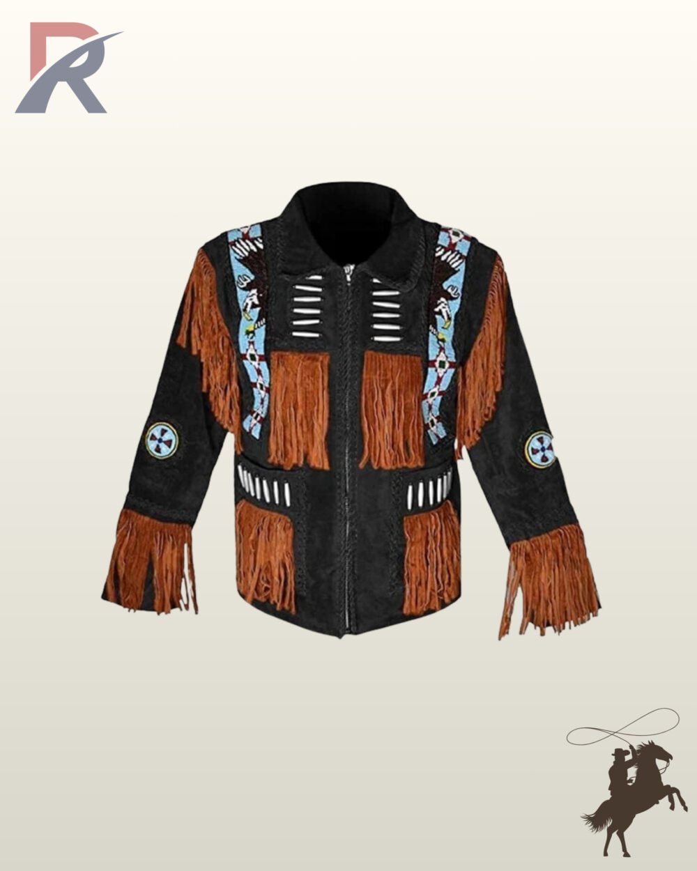 Front view of a men's black suede western jacket featuring cognac brown fringe panels, eagle beaded shoulder strips, bone pipe beads, and zip closure.