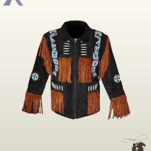 Front view of a men's black suede western jacket featuring cognac brown fringe panels, eagle beaded shoulder strips, bone pipe beads, and zip closure.