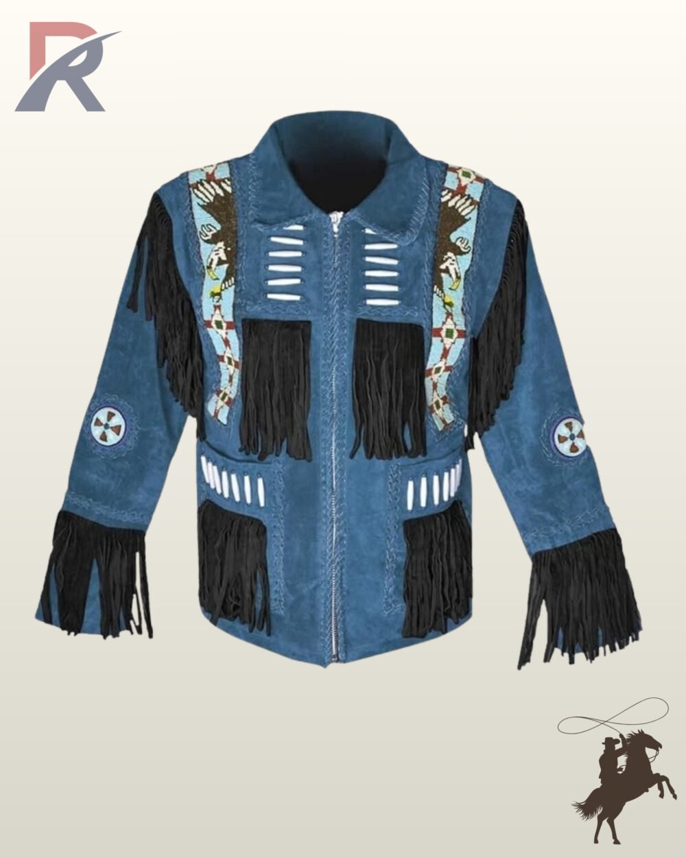 Front view of a men's steel blue suede western jacket featuring black fringe panels, eagle beaded shoulder strips, bone pipe beads, and zipper closure.
