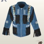Front view of a men's steel blue suede western jacket featuring black fringe panels, eagle beaded shoulder strips, bone pipe beads, and zipper closure.