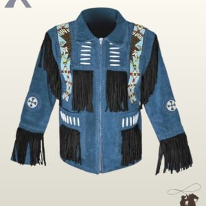 Front view of a men's steel blue suede western jacket featuring black fringe panels, eagle beaded shoulder strips, bone pipe beads, and zipper closure.