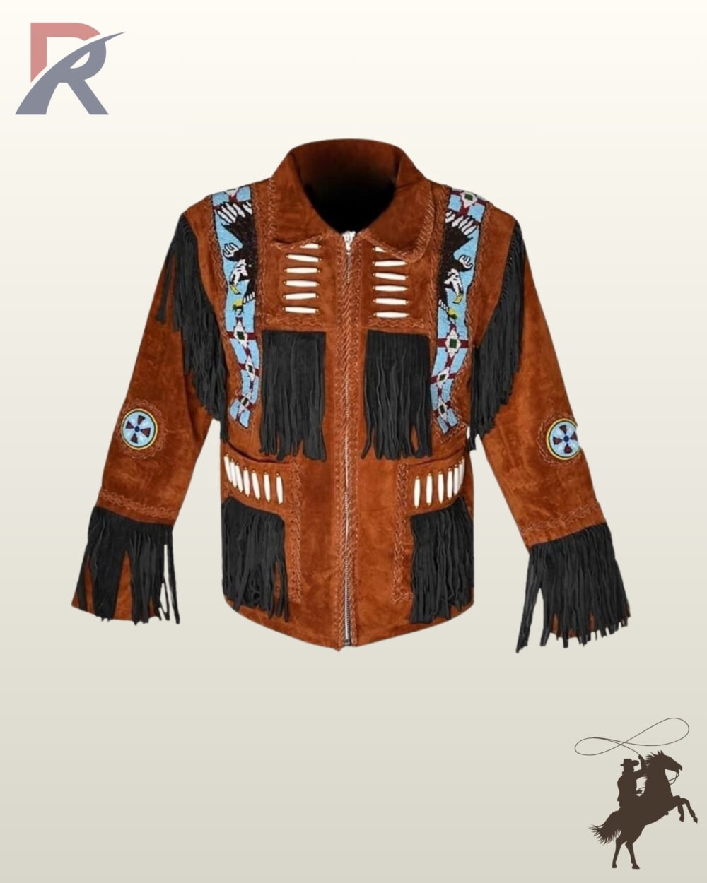 Traditional Native American style brown suede fringed coat with black sleeve tassels, whipstitched pockets, bone bead accents, and eagle beadwork.