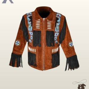 Traditional Native American style brown suede fringed coat with black sleeve tassels, whipstitched pockets, bone bead accents, and eagle beadwork.