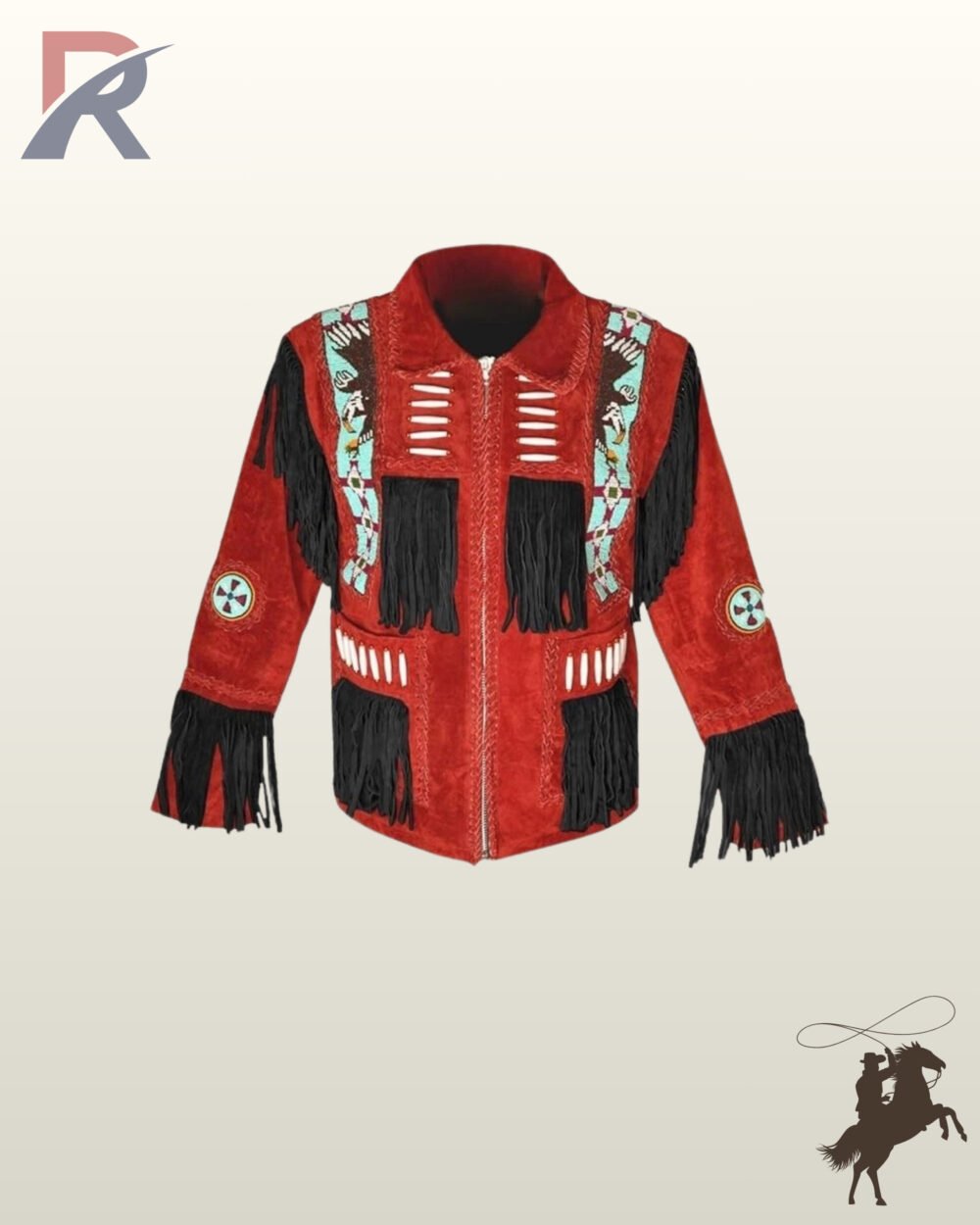 Traditional Native American style red suede fringed coat with black sleeve tassels, whipstitched pockets, bone bead accents, and eagle beadwork.