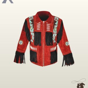Traditional Native American style red suede fringed coat with black sleeve tassels, whipstitched pockets, bone bead accents, and eagle beadwork.