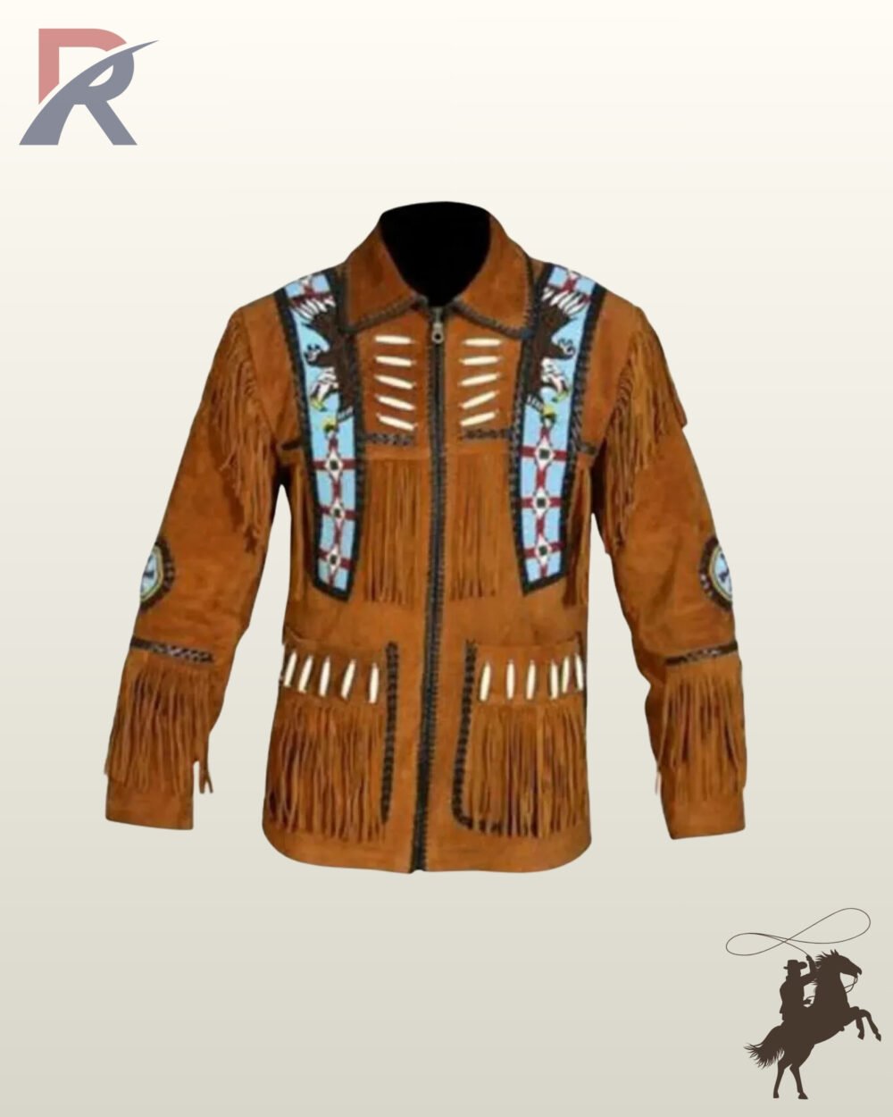 Traditional Native American style tan suede fringed coat with matching tan sleeve tassels, whipstitched pockets, bone bead accents, and eagle beadwork.