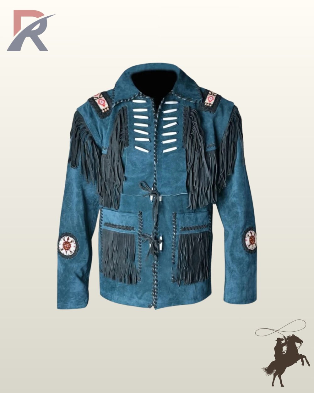 Traditional native style teal blue suede fringed coat with bone bead detailing, whiptched pockets, and shirt collar.