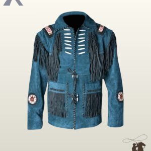 Traditional native style teal blue suede fringed coat with bone bead detailing, whiptched pockets, and shirt collar.