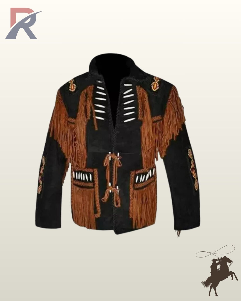 Front view of a men's black suede western jacket featuring terracotta rust fringe panels, bone pipe bead accents, front tie closures, and beaded sleeve strips.