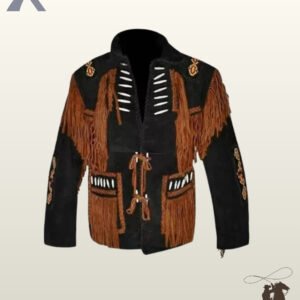 Front view of a men's black suede western jacket featuring terracotta rust fringe panels, bone pipe bead accents, front tie closures, and beaded sleeve strips.
