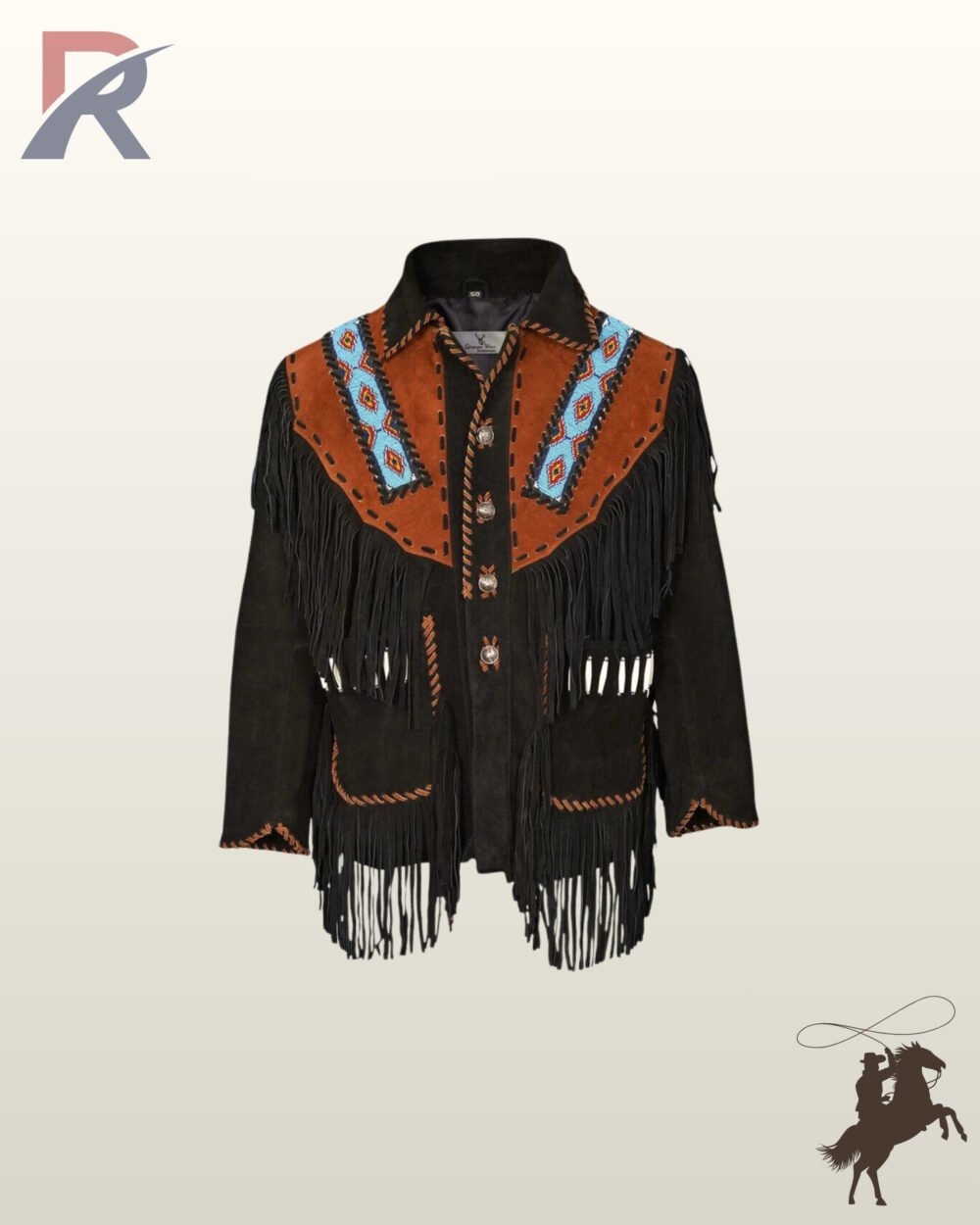 Traditional Native American style black suede fringed coat with cognac yoke panels, turquoise beaded patterns, bone beads, and whipstitched seams.