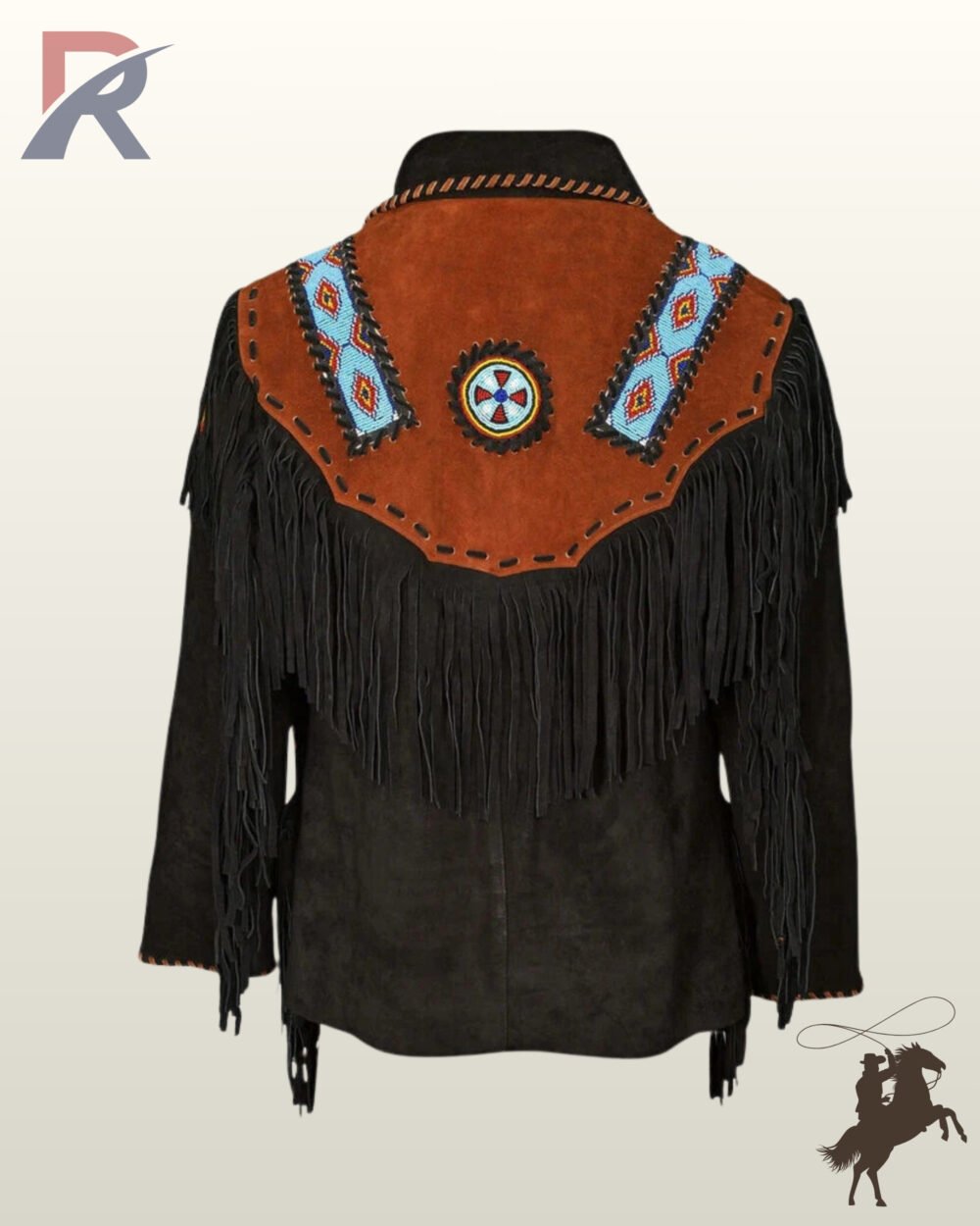 Rear view of a men's black suede western jacket showing a cognac fringed back yoke, turquoise beaded shoulder stripes, and a circular beaded medicine wheel emblem.