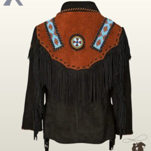 Rear view of a men's black suede western jacket showing a cognac fringed back yoke, turquoise beaded shoulder stripes, and a circular beaded medicine wheel emblem.