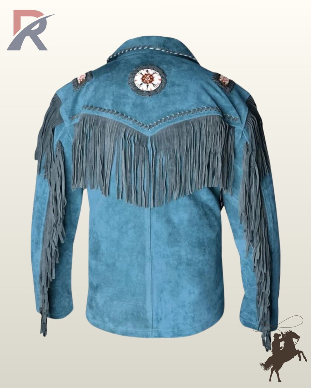 Back profile of a traditional native style blue suede jacket featuring fringed yoke, sleeve tassels, and beaded accent patch.