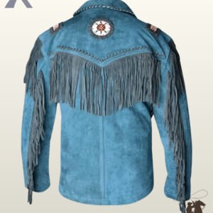 Back profile of a traditional native style blue suede jacket featuring fringed yoke, sleeve tassels, and beaded accent patch.