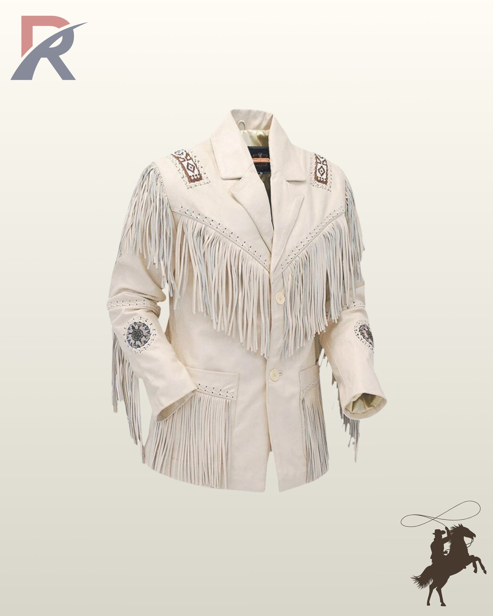 Traditional Native American style bone white leather fringed coat with two-button closure, notched collar, and circular beaded sleeve emblems.