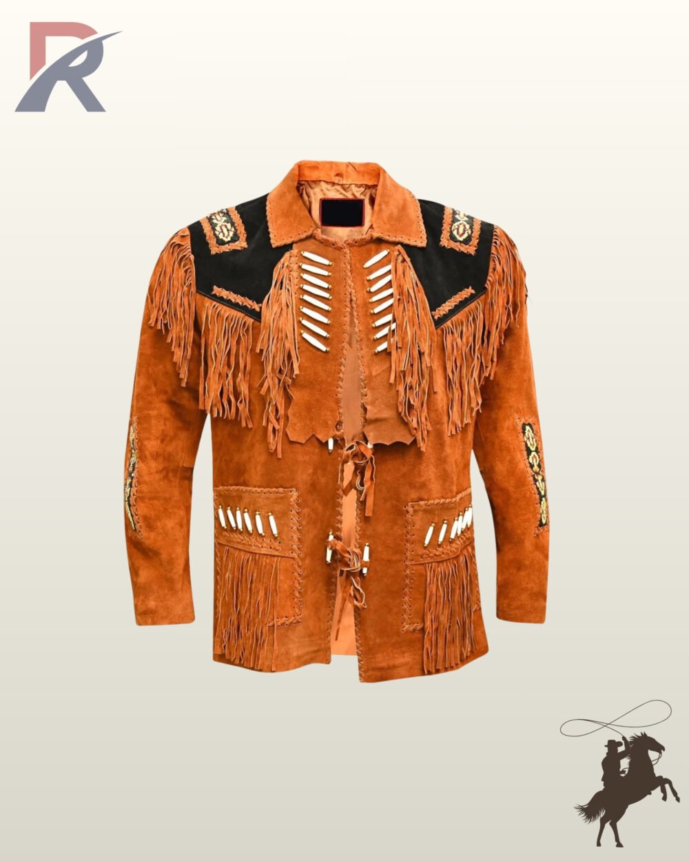 Front view of a men's terracato rust red suede western jacket featuring black shoulder yokes, bone pipe beads, fringe panels, and front tie closures.