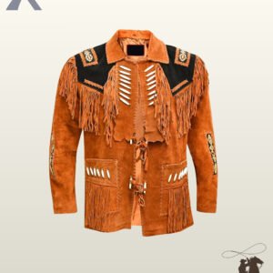 Front view of a men's terracato rust red suede western jacket featuring black shoulder yokes, bone pipe beads, fringe panels, and front tie closures.