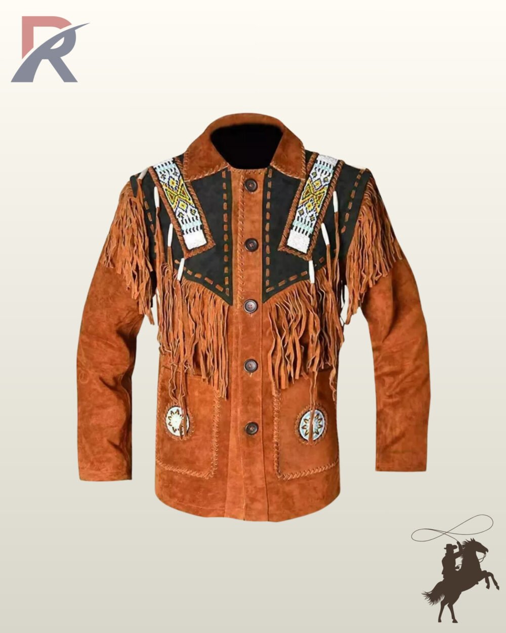 Traditional Native American style rust brown suede fringed coat styled with black yoke panels, bone bead accents, whipstitched seams, and beaded pocket patches.