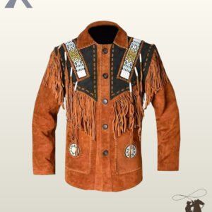 Traditional Native American style rust brown suede fringed coat styled with black yoke panels, bone bead accents, whipstitched seams, and beaded pocket patches.