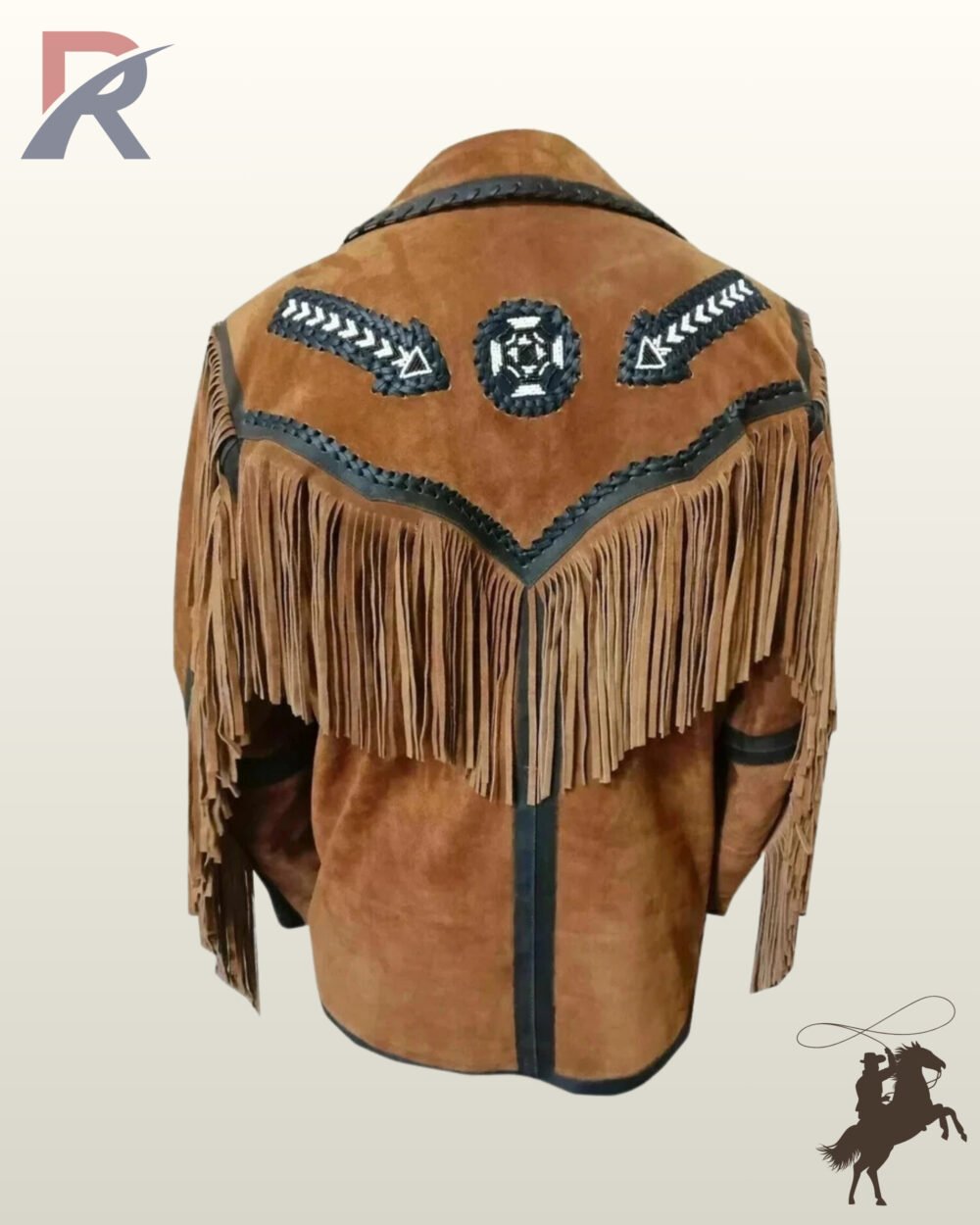 Rear view of a men's tan suede western jacket displaying long back fringe, dark braided whipstitching, and a circular beaded emblem patch.