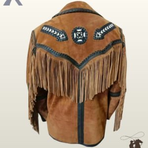 Rear view of a men's tan suede western jacket displaying long back fringe, dark braided whipstitching, and a circular beaded emblem patch.