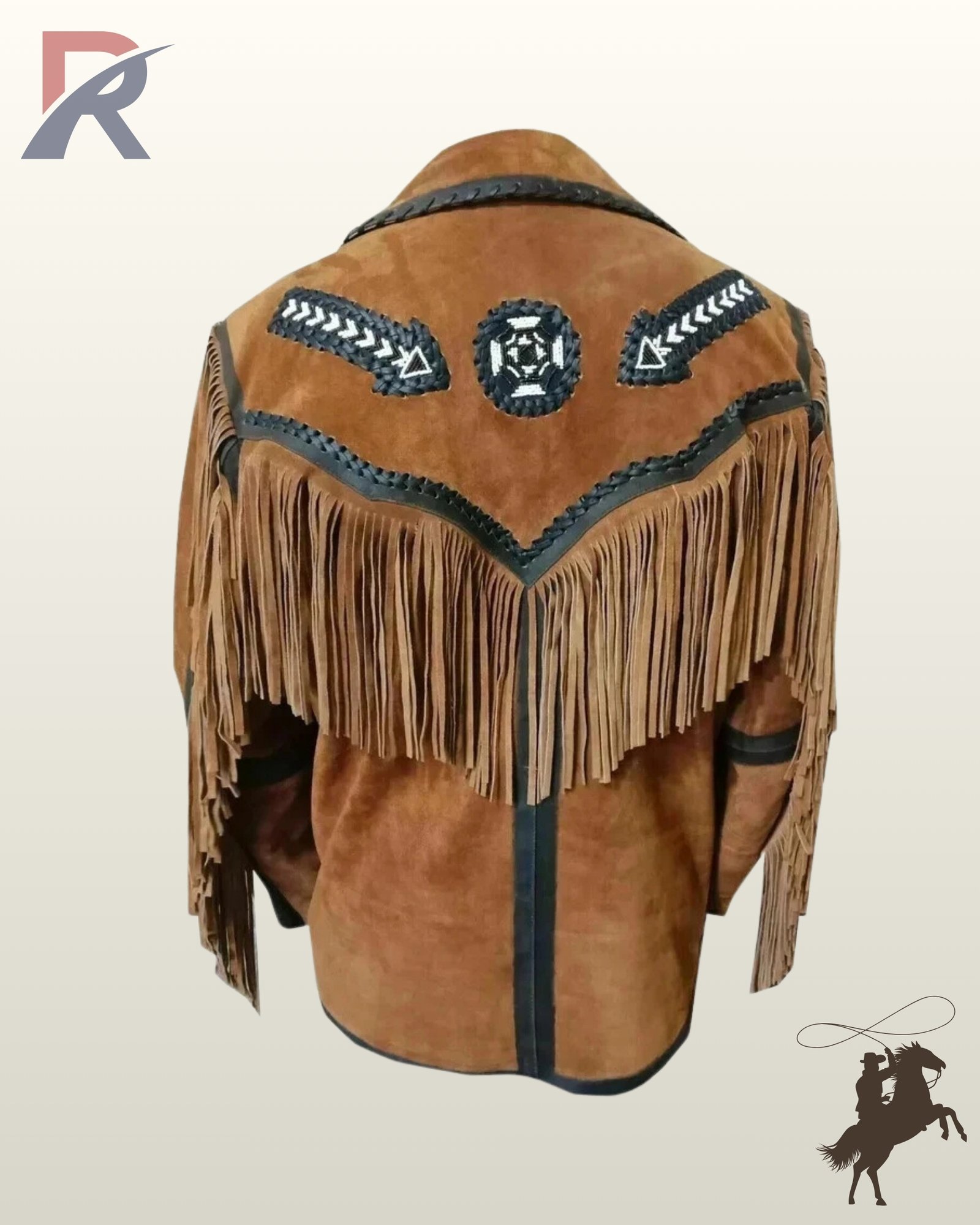 Rear view of a men's tan suede western jacket displaying long back fringe, dark braided whipstitching, and a circular beaded emblem patch.
