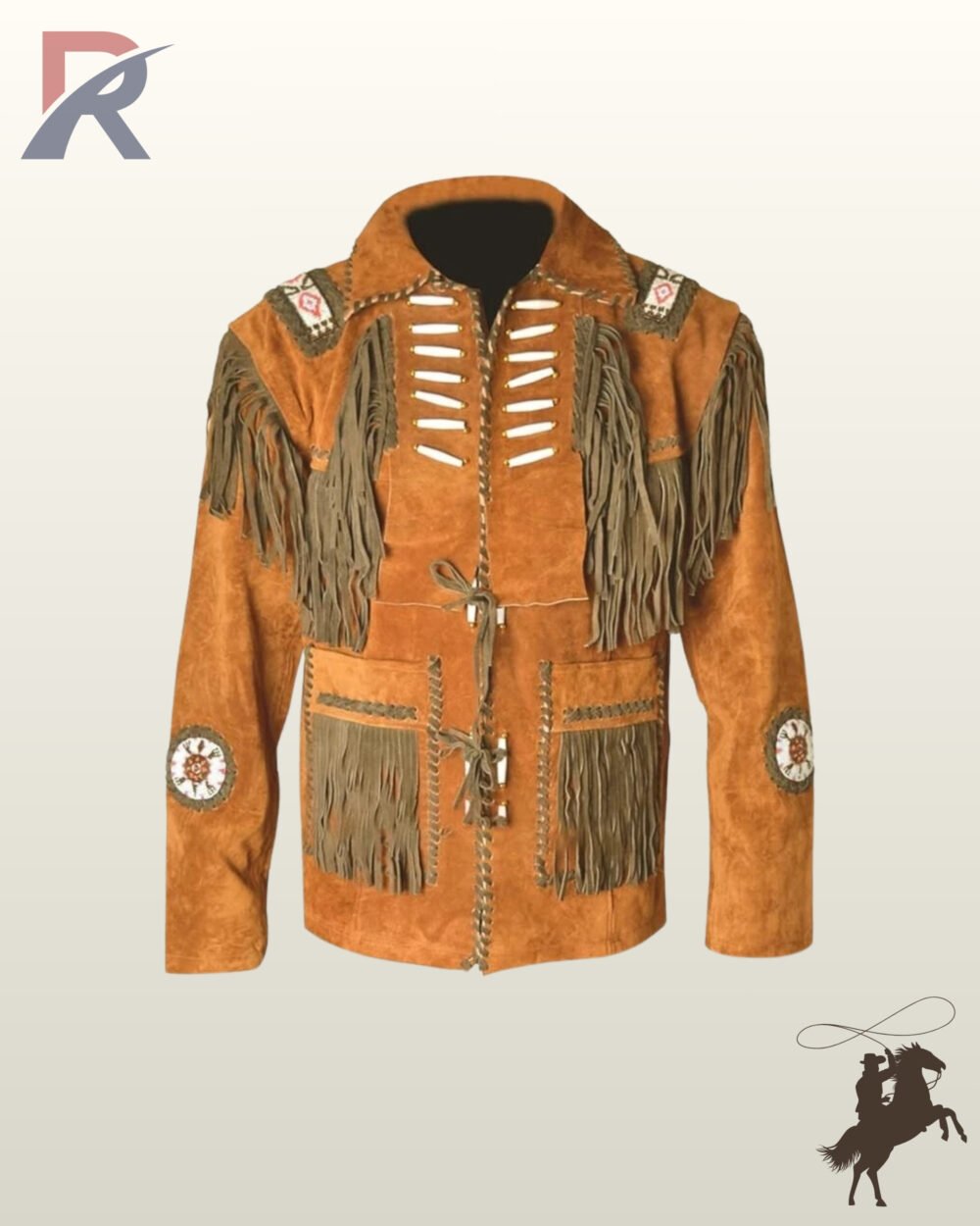Traditional Native American style tan suede fringed coat with bone bead detailing, whipstitched pockets, beaded shoulder strips, and shirt collar.
