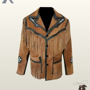 Traditional native style tan suede fringed jacket with dark whipstitch detailing, notched lapels, and beaded sleeve patches.