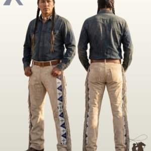 Side-by-side front and rear view of a model displaying tan suede leather native american style fringed chaps trousers with beaded accents.