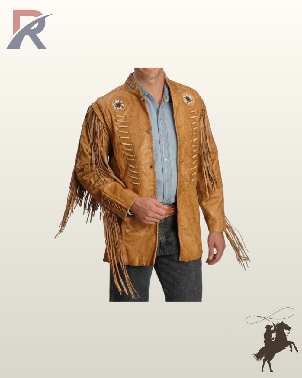 Traditional Native American style tan leather fringed coat styled with bone bead accents, braided leather cuffs, circular beaded chest patches, and a denim shirt.