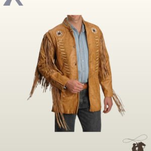 Traditional Native American style tan leather fringed coat styled with bone bead accents, braided leather cuffs, circular beaded chest patches, and a denim shirt.